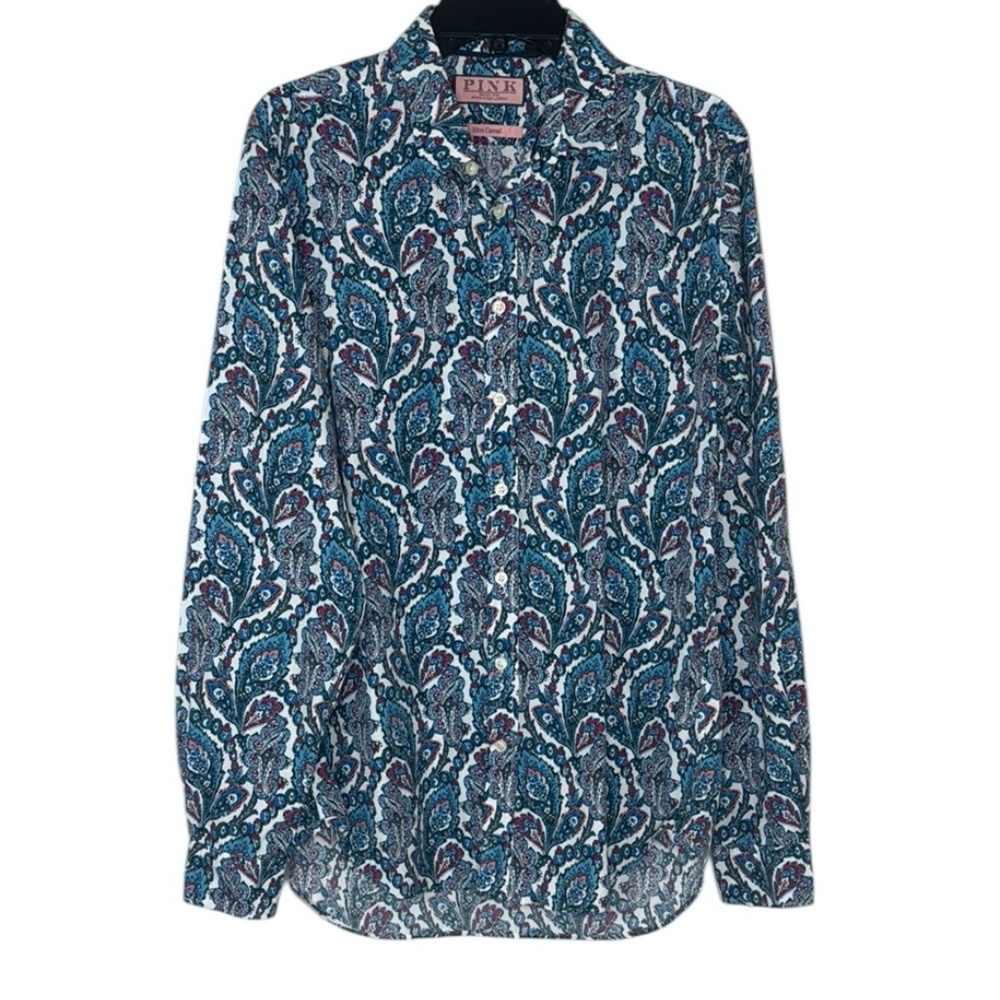 PINK Thomas Pink Slim Casual Blue Bold Paisley Long Sleeve Button Down Shirt M